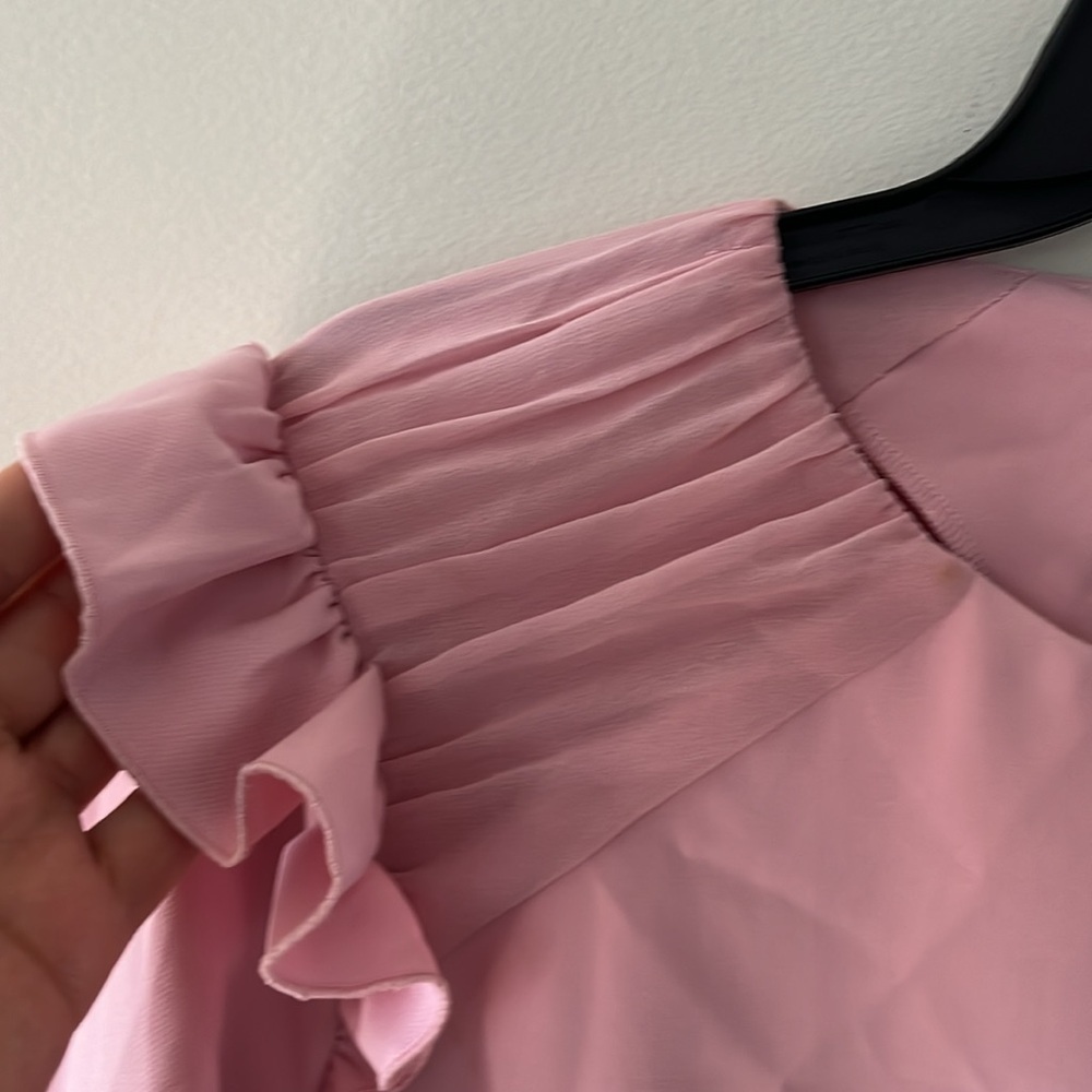 ZARA Bubblegum Pink Ruffle Hem & Shoulders Mini Dress Long Sleeve Sz L - Picture 10 of 16